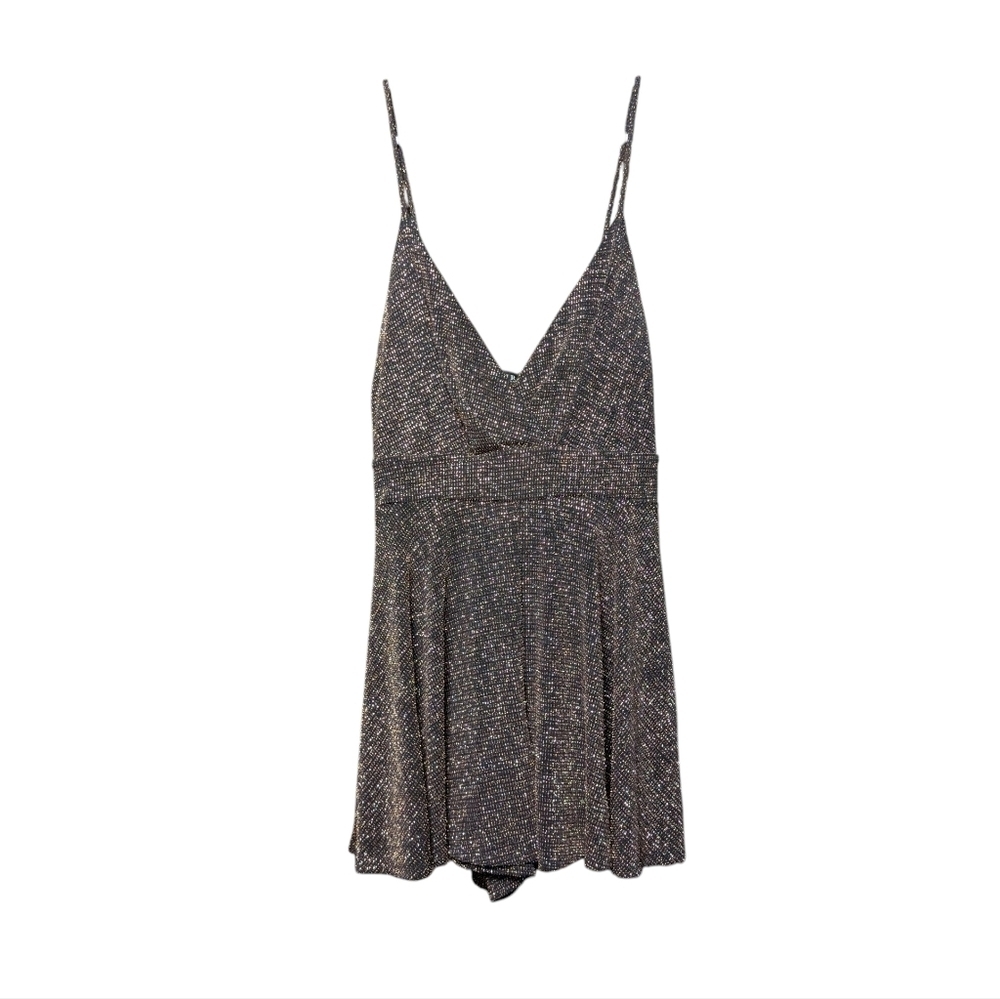 Akira Romper Elegant Black Gold Sparkly Women's Faux Dress Size Medium Glittery - Picture 10 of 10